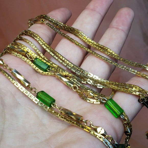 Vintage Gold Tone 3- Strand Chain Necklace 25" Statement Chain Green Glass Beads - Picture 8 of 12